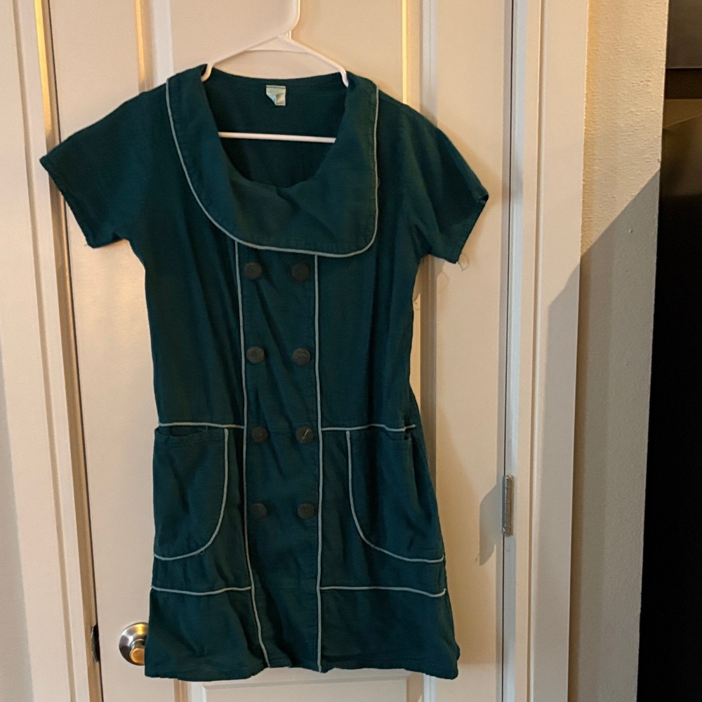 Source Unknown Teal Short Sleeve Double-Breasted Mini Dress with Contrast Piping